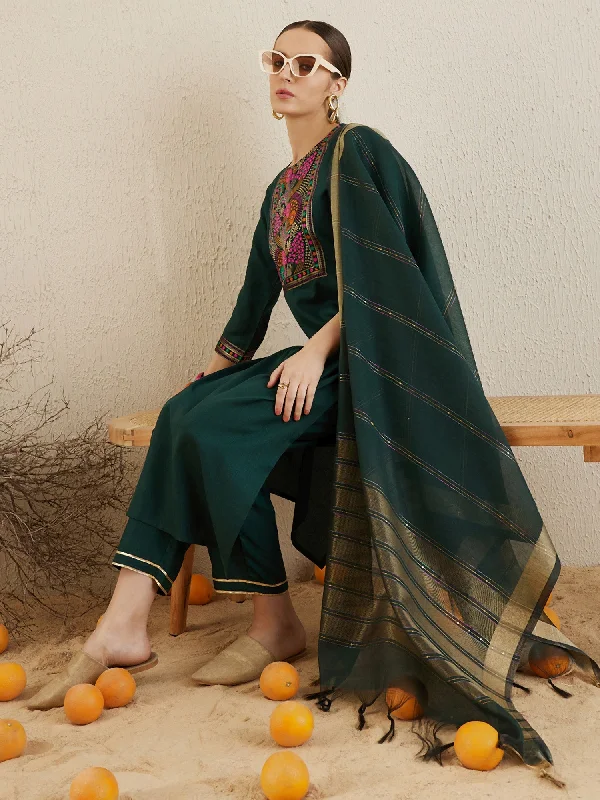 Women Green Yoke Design Straight Kurta Trousers With Dupatta set Trousers cozy soft Trousers cozy soft Women Green Yoke Design Straight Kurta Trousers With Dupatta set Trousers cozy soft Trousers cozy soft