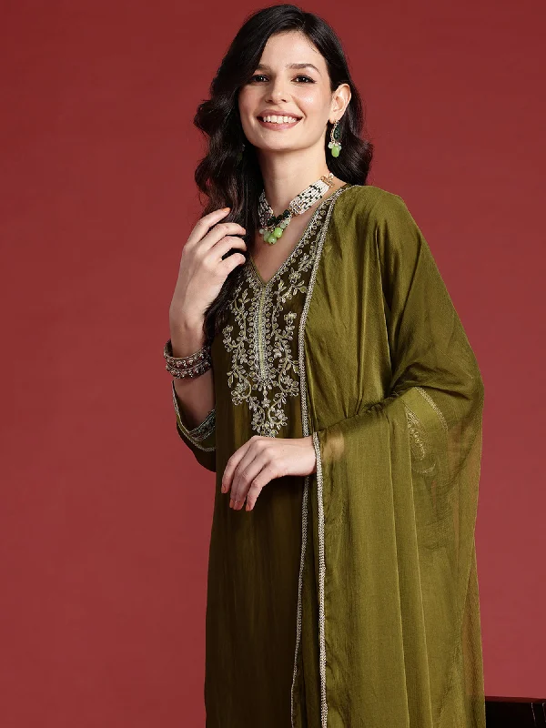 Women Green Embroidered Straight Kurta Trousers With Dupatta set Trousers Pleated Formal Trousers Pleated Formal Women Green Embroidered Straight Kurta Trousers With Dupatta set Trousers Pleated Formal Trousers Pleated Formal
