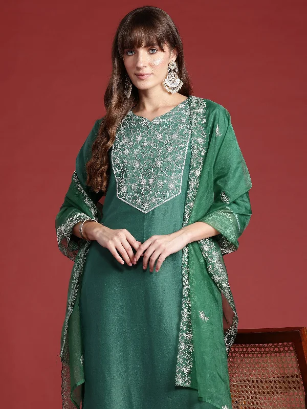 Women Green Embroidered Straight Kurta Trousers With Dupatta set High Waist Slim Fit Ankle Length High Waist Slim Fit Ankle Length Women Green Embroidered Straight Kurta Trousers With Dupatta set High Waist Slim Fit Ankle Length High Waist Slim Fit Ankle Length