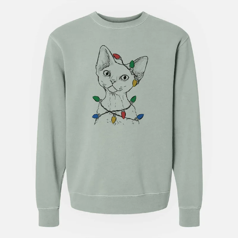 Christmas Lights Ripley the Devon Rex Cat - Unisex Pigment Dyed Crew Sweatshirt Hoodie with Elastic Cuffs Stretchable Comfortable Hoodie with Elastic Cuffs Stretchable Comfortable