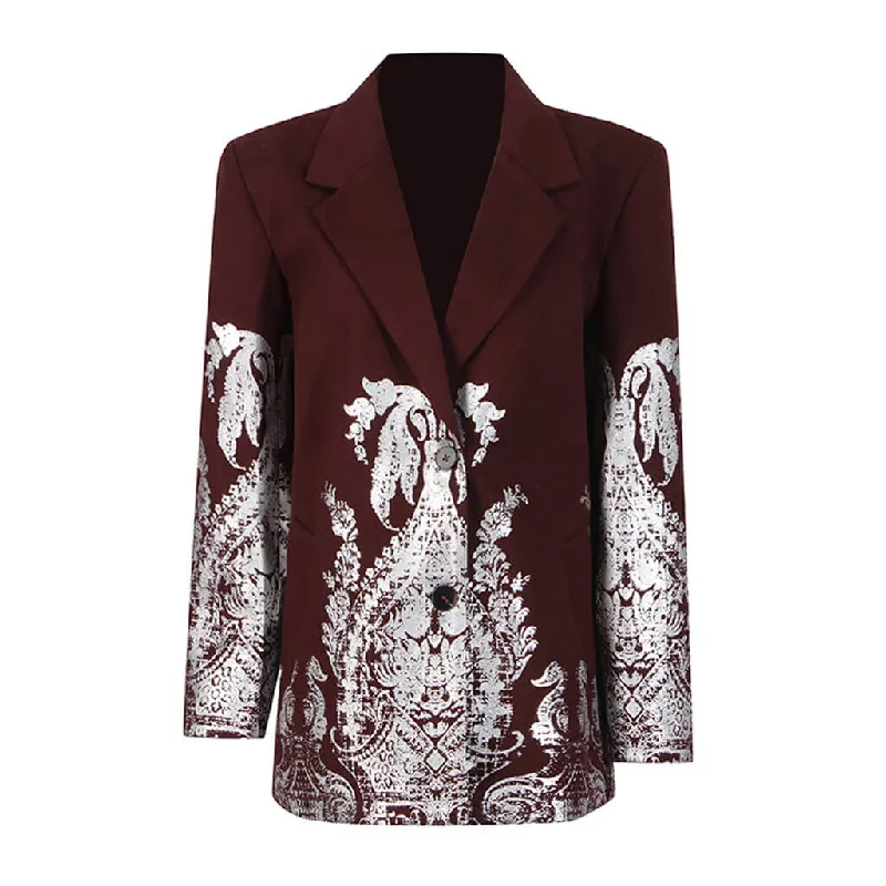 Luxury Metallic Foil Floral Print Lapel Padded Long Sleeve Oversized Blazer Women's Travel Jacket