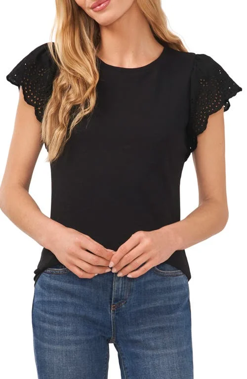 Women's Crewneck Eyelet Flutter-Sleeve Knit Top Chic Knit Top