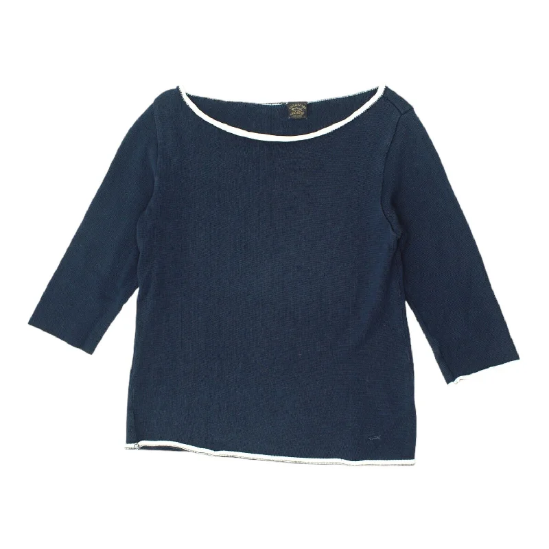 Paul & Shark Womens 3/4 Sleeve Navy Blue Knit Top | Vintage High End Designer Boat Neck Knit Top