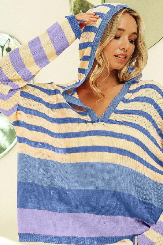 Striped Color Block Hooded Knit Top - Blue/Lavender Off Shoulder Knit Top