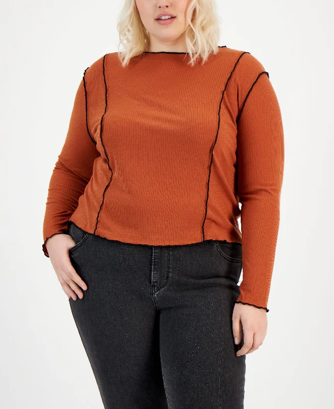 Plus Size Contrast-Stitch Long-Sleeve Knit Top Silver Knit Shirt