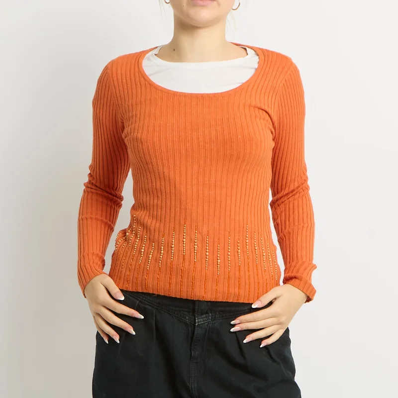 Ribbed Knit Top - UK 8 Halter Neck Knit Tee