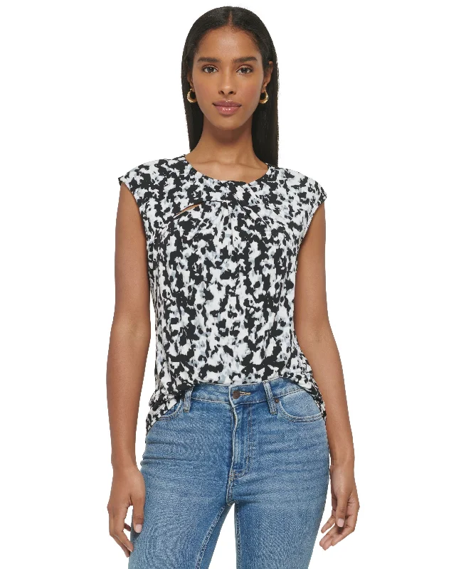 Women's Printed Cutout Neck Knit Top Travel Knit Top