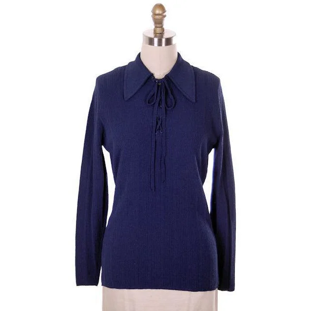 Vintage Ultra 1970s Knit Top Navy Blue  Lace Front Med- Lg Polo Neck Knit Top
