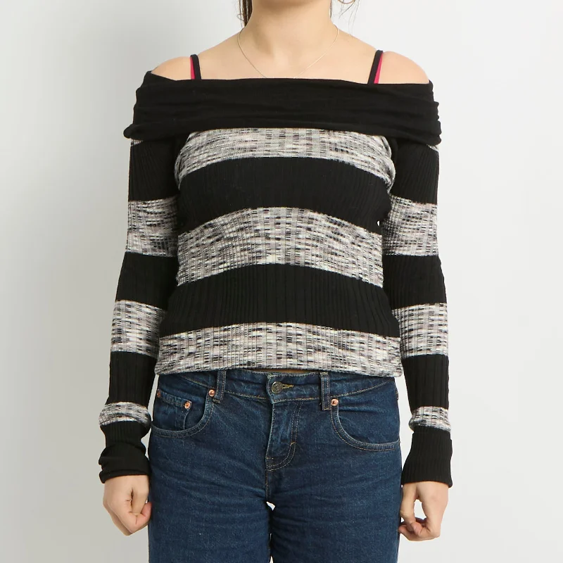 Off The Shoulder Stripe Knit Top - UK 8 Ribbed Knit Shirt