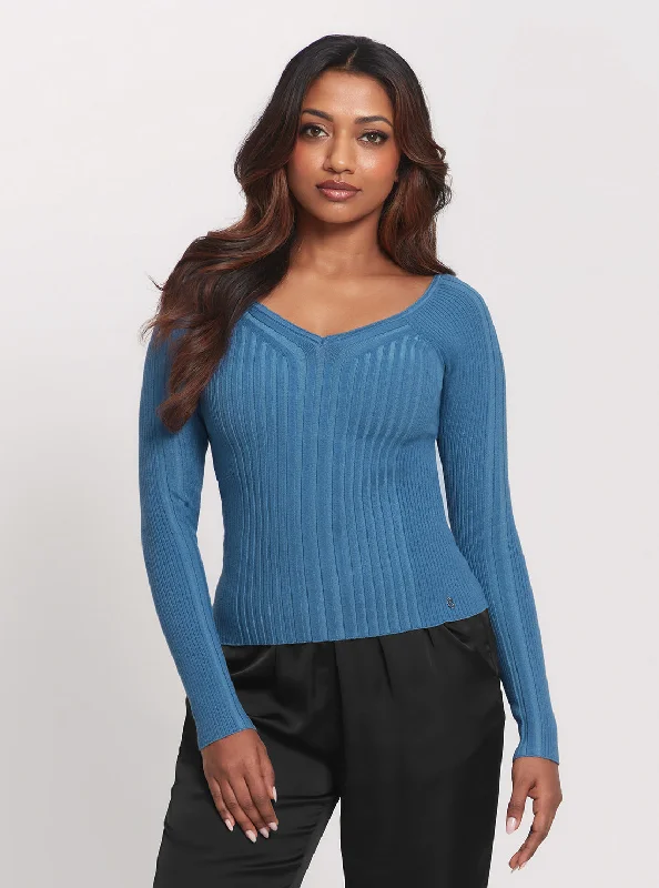 Blue Allie Long Sleeve Knit Top Festive Knit Tee