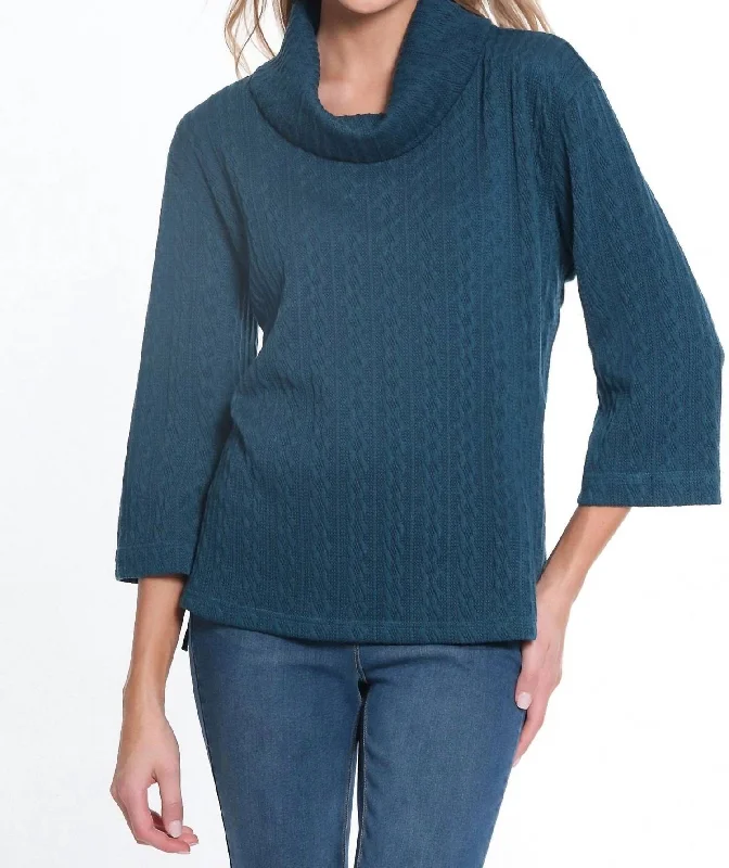 Hi-Lo Cowl Collar Cable Knit Top In Rich Teal Ribbed Knit Shirt