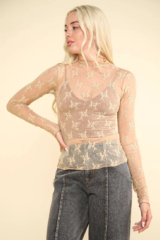 High Neck Fitted Sheer Mesh Lace Knit Top Halter Neck Knit Tee