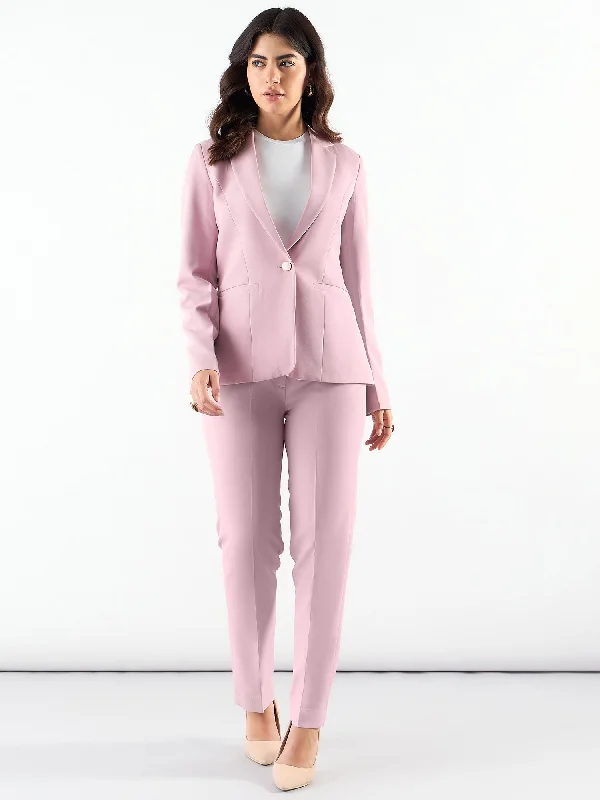 Pink Notched Lapel Single Breasted Blazer With Trouser In Stretchable Fabric Women's Handmade Blazer