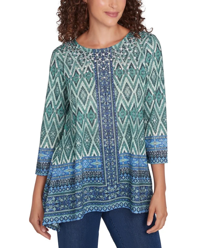 Ruby Rd. Womens Embellished Diamond 3/4 Sleeve Print Knit Top Beige Knit Top
