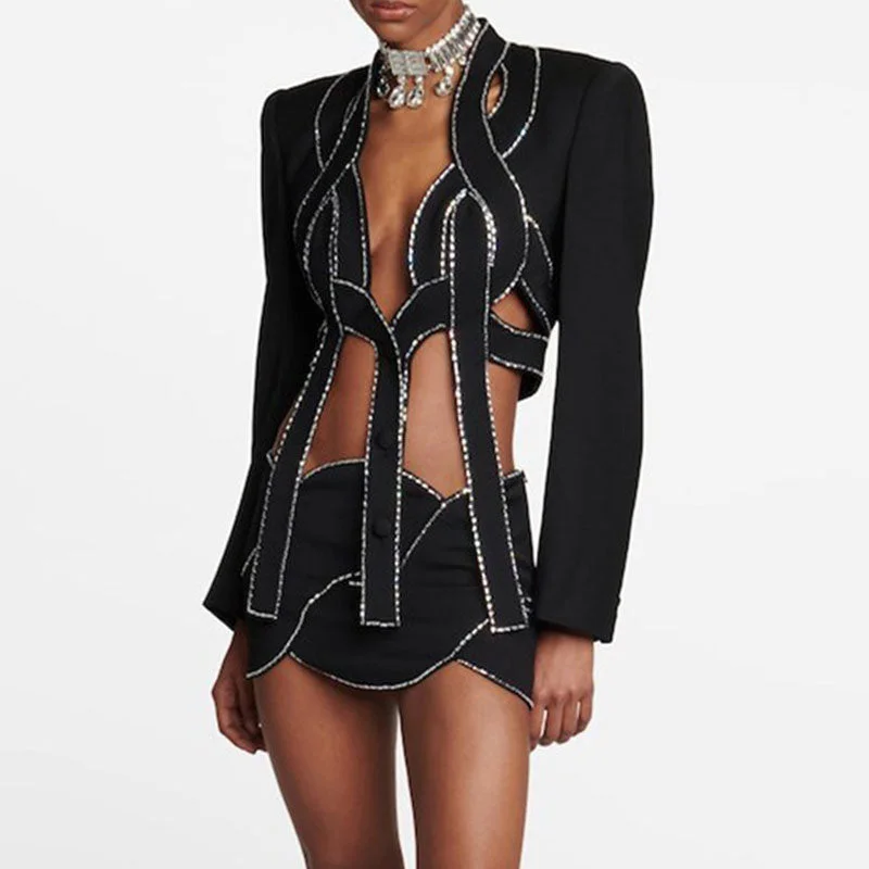 Rebellious Decorated Crystal Rope Low Waist Bodycon Cutout Crop Blazer Matching Set Milan Custom Blazer