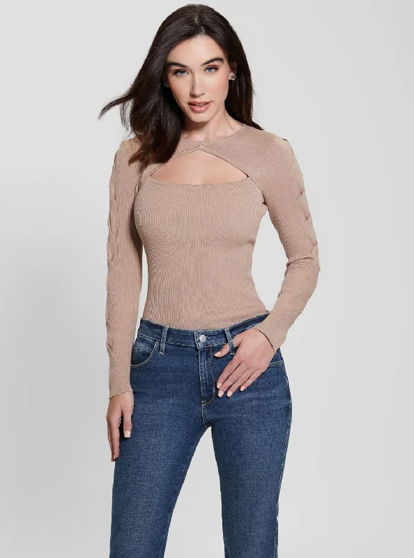 Beige Long Sleeve Sequin Knit Top Evening Knit Shirt