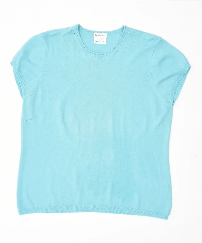 CALVIN KLEIN Womens Knit Top UK 14 Large Turquoise Cotton Scoop Neck Knit Tee