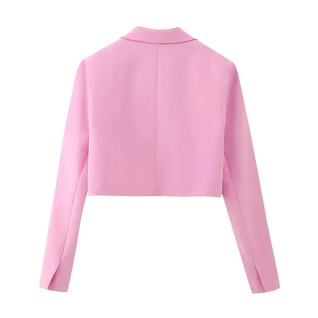 Fashion Pink Solid Single Button Cropped Blazer Women's Vintage Suit