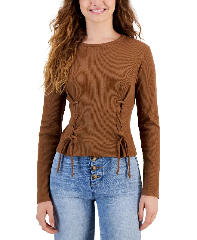 Juniors' Long-Sleeve Lace-Up Knit Top Luxury Knit Top