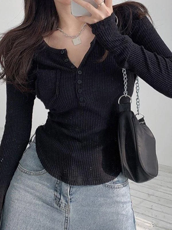 Button Front Crop Knit Top Affordable Knit Blouse