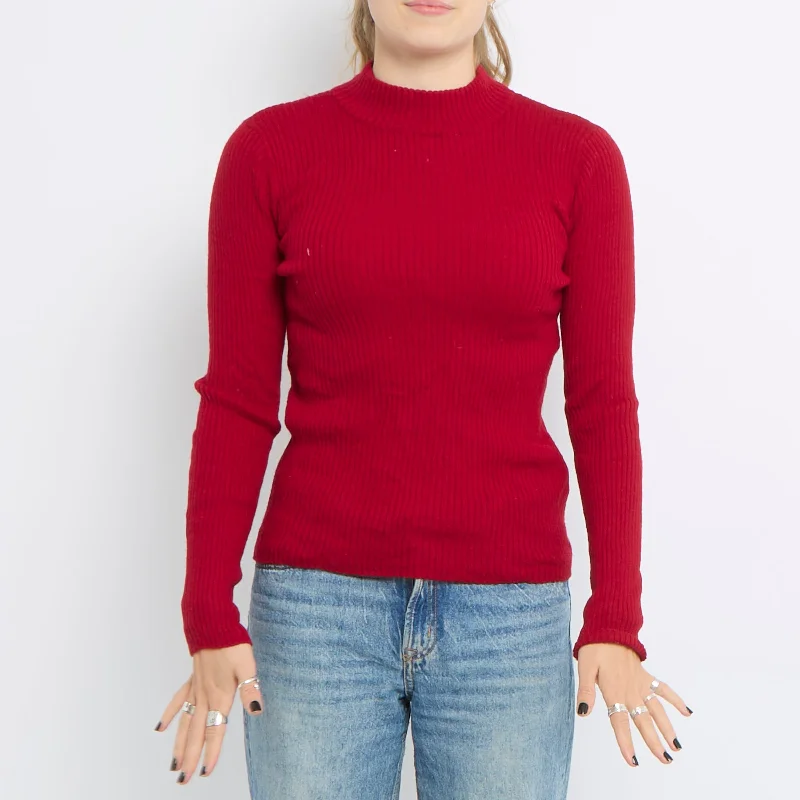 Ribbed High Neck Knit top - UK 12 V Neck Knit Shirt