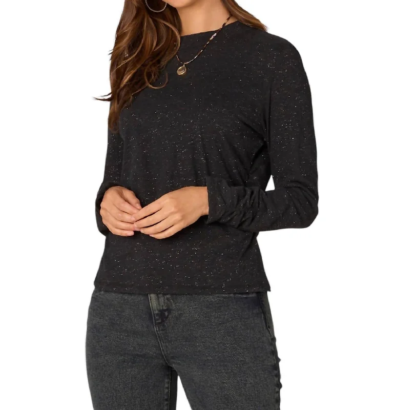 Long Sleeve Crew Neck Metallic Thread Knit Top In Black Royal Blue Knit Top