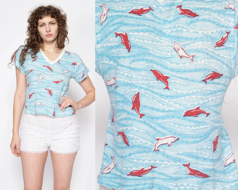 Med-Lrg 70s Dolphin All Over Print Waffle Knit Top Bamboo Knit Shirt