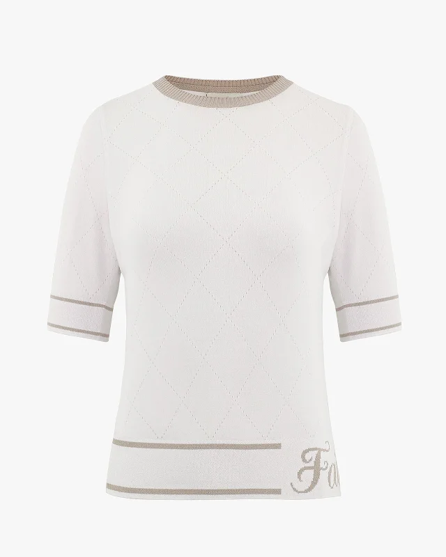 Diamond Round Neck Knit Top - White Silver Knit Shirt