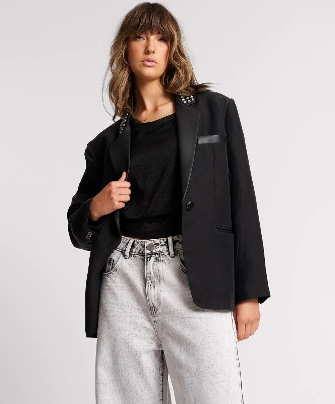 Punk Studded Linen Blazer - Black Women's Formal Blazer