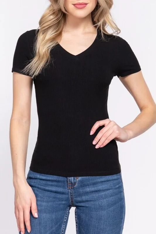 Women's Casual  Short Sleeve V Neck Ribbed Knit Tops Branded Knit Top