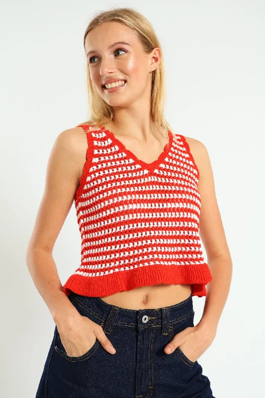Two Tone Frill Knit Top - Tangerine Festive Knit Tee