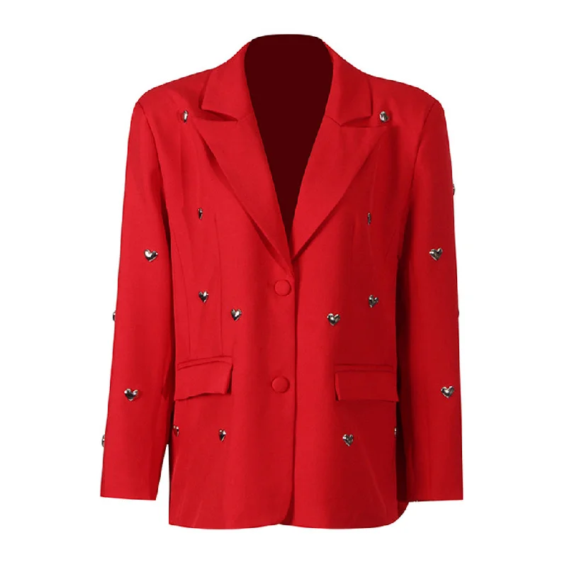 Metallic Puffy Heart Embellished Shoulder Pad Two Button Oversized Blazer Women's Casual Suit