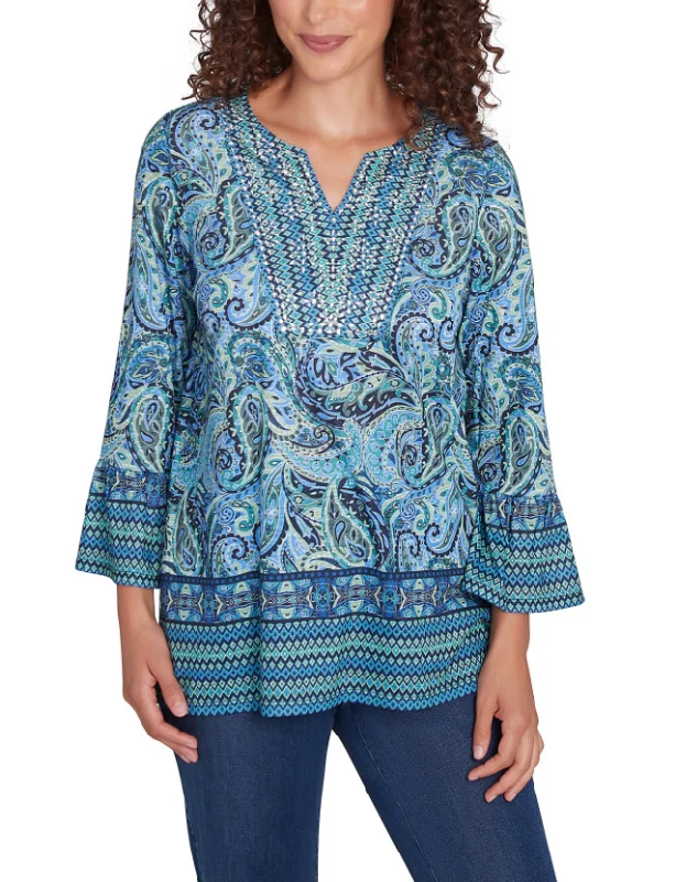 Ruby Rd. Womens Paisley Embellished Knit Top Jet Black Knit Tee