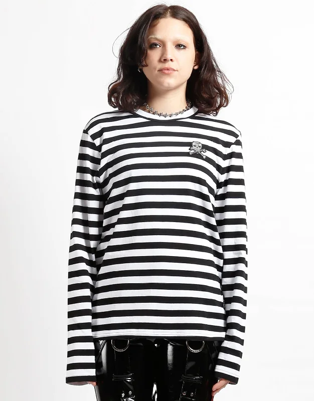 SKULL STRIPE KNIT TOP BLACK/WHITE Pure White Knit Blouse