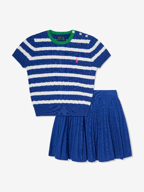 Girls Striped Cable Knit Top and Skirt Set in Blue Summer Knit Top