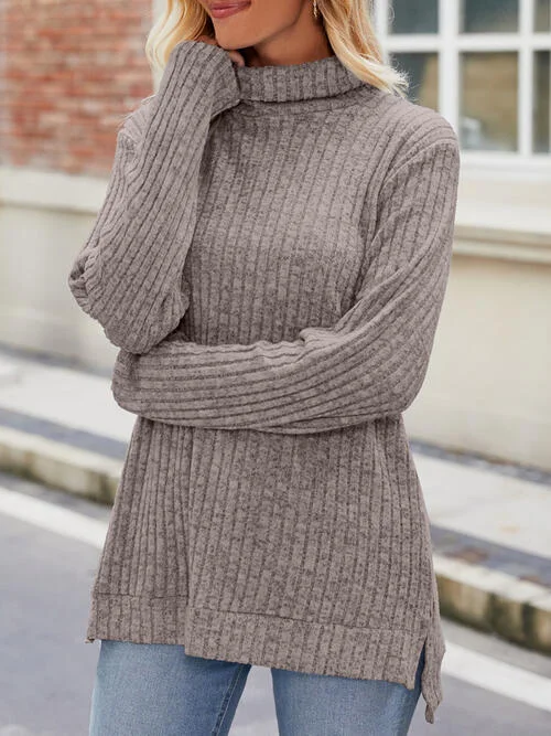 Ribbed Turtleneck Long Sleeve Slit Knit Top Classic Knit Tee
