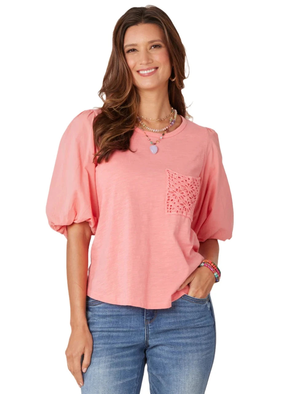 Democracy Womens Elbow Blouson Puff Sleeve Scoop Neck Knit Top with Crochet Pocket Metallic Knit Tee