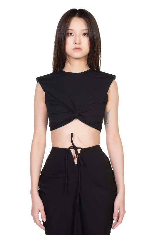 Padded Shoulder Knit Top Black Boutique Knit Tee