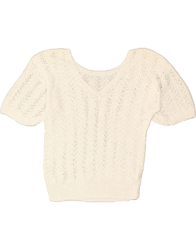 VINTAGE Womens Knit Top UK 14 Large White Gold Knit Top