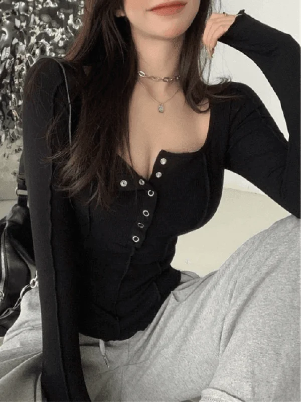 Patchwork Button Down Long Sleeve Knit Top Travel Knit Top
