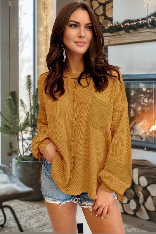 Bubble Sleeve Waffle Knit Top - Mustard Ribbed Knit Shirt