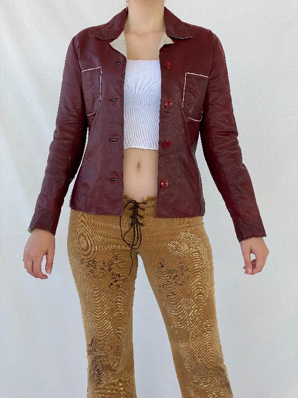 Vintage Conbipel Burgundy Genuine Leather Women’s Blazer Jacket - L Women's Party Jacket