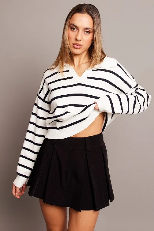 White Stripe Knit Top Long Sleeve Collar Turtle Neck Knit Top