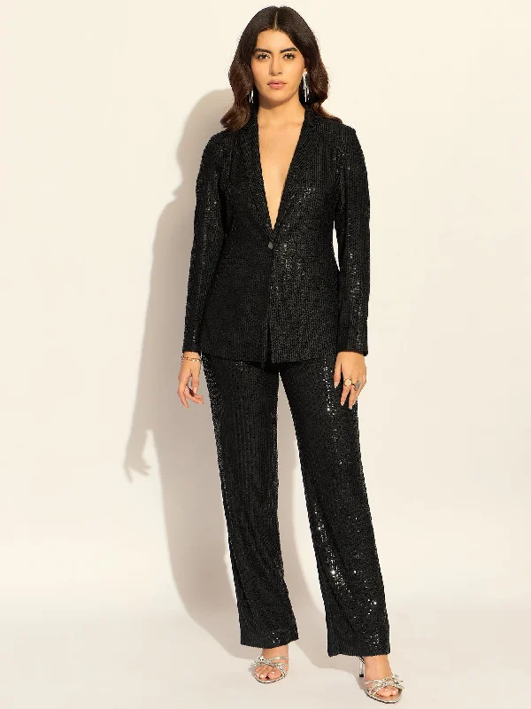 Black Sequined Single-Breasted Party Blazer With Trouser In Stretchable Fabric Women's Fashion Blazer