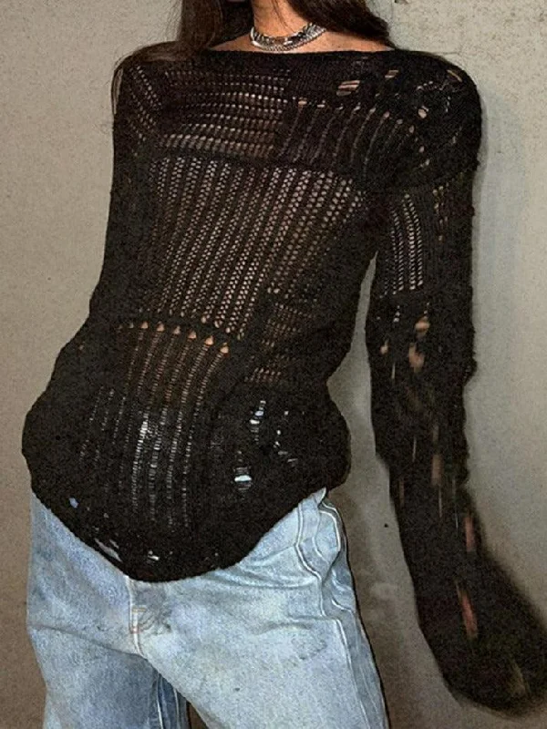 Distressed Crochet Knit Top Budget-Friendly Knit Tee
