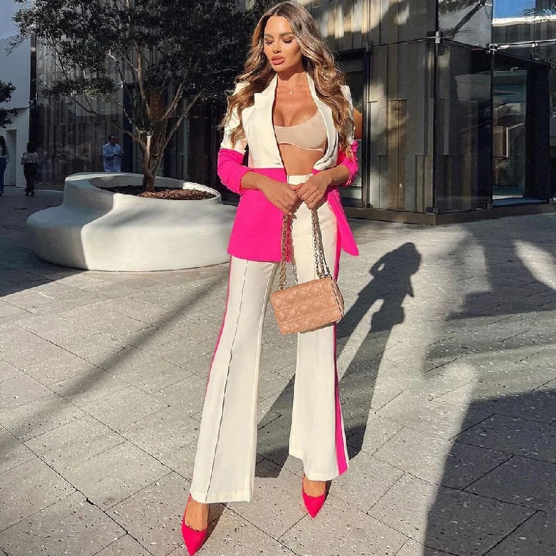 Chic Color Panel Single Breasted Bootcut Blazer Matching Set - Pink Women's Elegant Suit