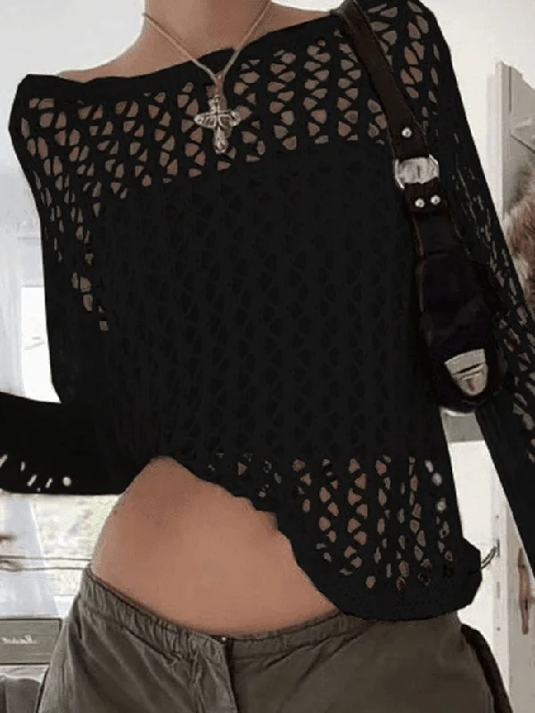 Hollow Out Crochet Long Sleeve Knit Top Cotton Knit Shirt