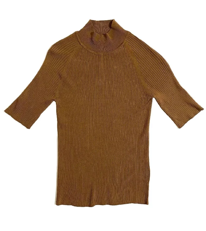 Women's Mock Neck Short Sleeve Knit Top In Brown Polka Dot Knit Top
