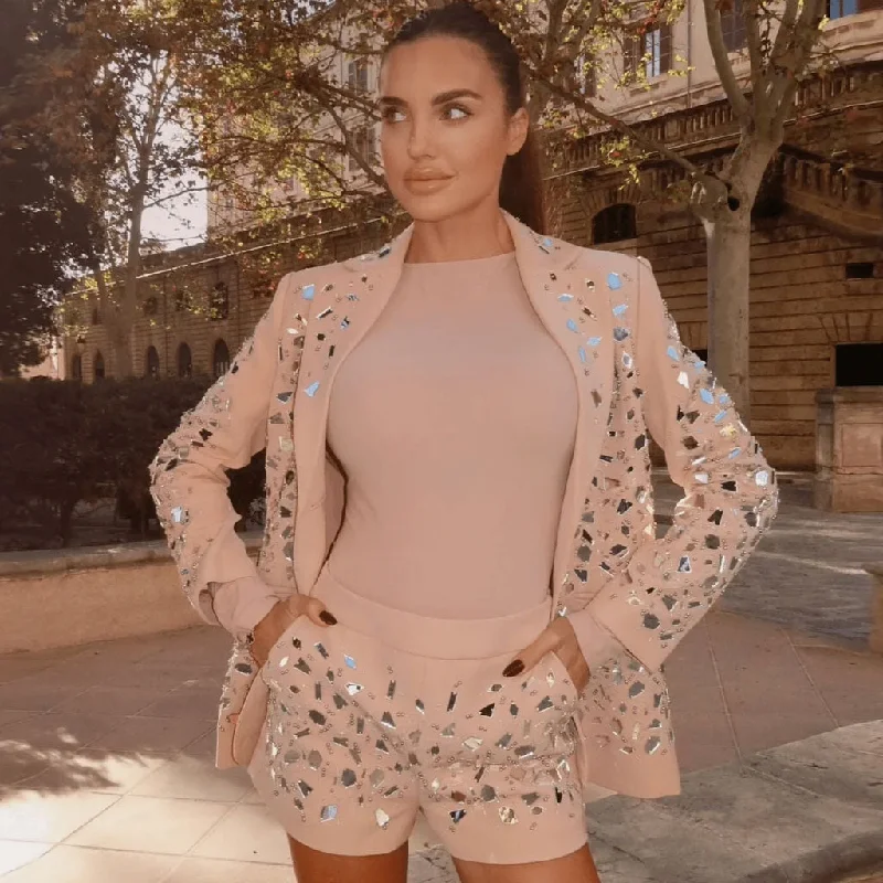 Luminous Mirrored Embellished High Waist Shorts Blazer Matching Set Women's Formal Blazer