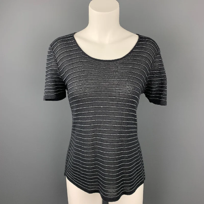 GIORGIO ARMANI Size 14 Grey Stripe Wide Neck Knit Top Emerald Green Knit Top
